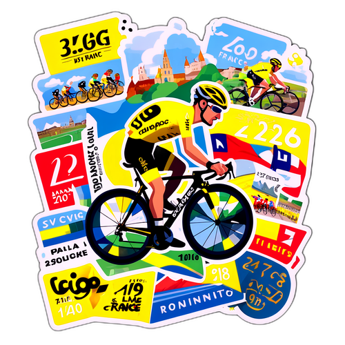 Samolepka z Tour de France zobrazující vítěze v koláži s historickými daty a událostmi