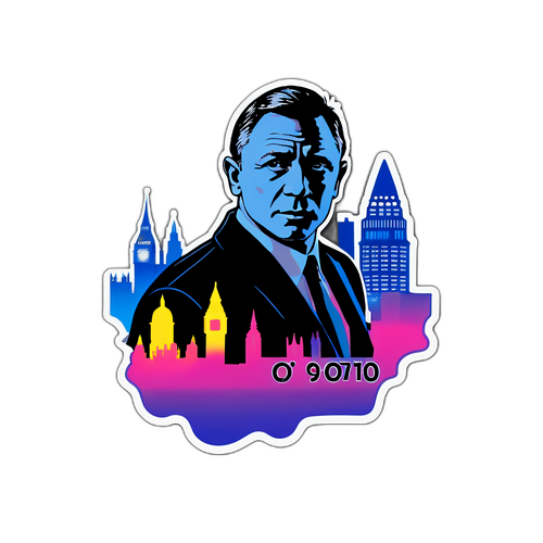 Minimalist Aufkleber von Daniel Craig mit London-Silhouette und '007'-Neonschriftzug