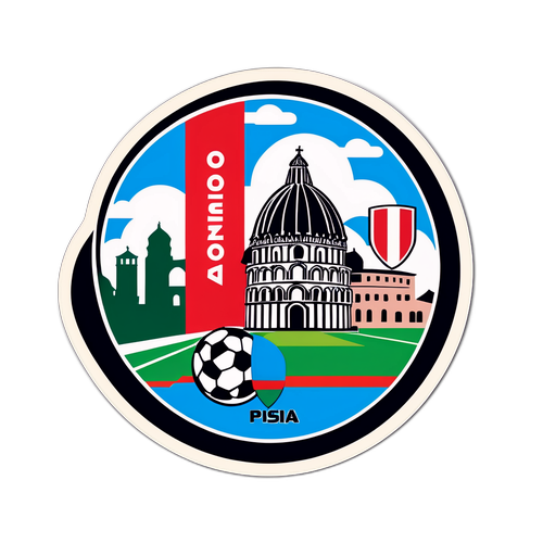 Sticker cu Pisa în fundal și echipa de fotbal, subliniind meciul Pisa - Cremonese