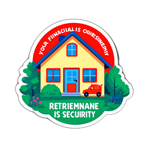 Стикер с изображением дома и обещанием финансовой безопасности при выходе на пенсию