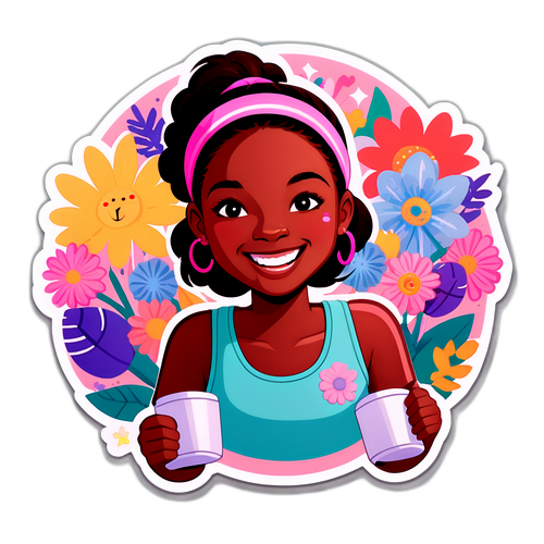 Pastelkleurige Sticker van een Meisje met Bloemen