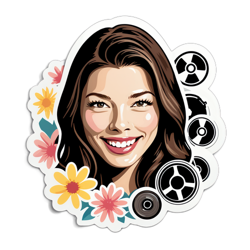 Speelse Sticker van een Vrouw met Filmrollen en Bloemen