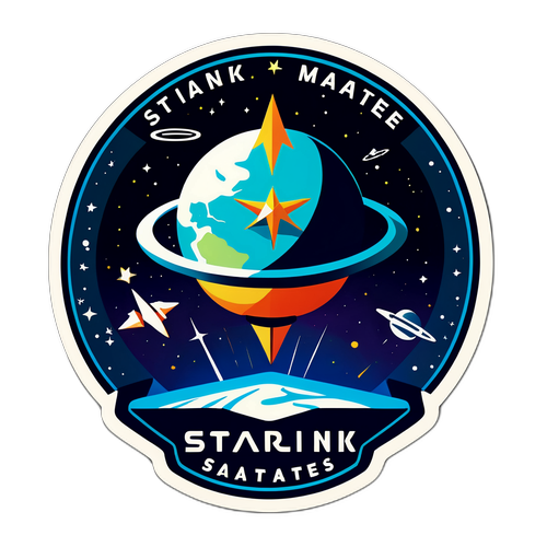Дизайн значка з супутниками Starlink на фоні космосу та стилізованим написом