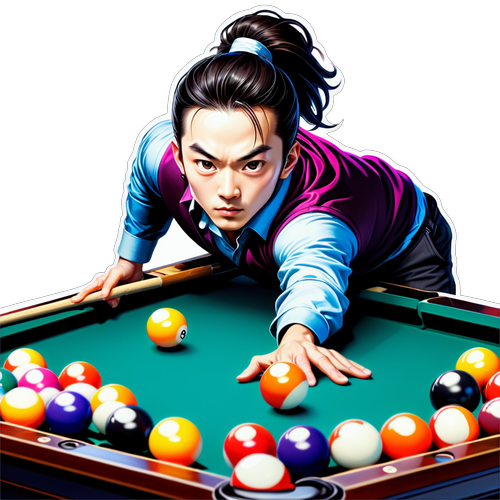 En livlig klistermärke av Zhao Xintong vid ett biljardbord