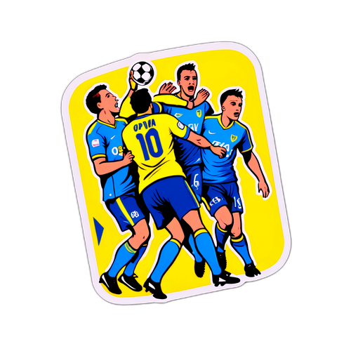 Ilustrace samolepek s fotbalovým týmem Opava – Chrudim v akci při vítězném gólu