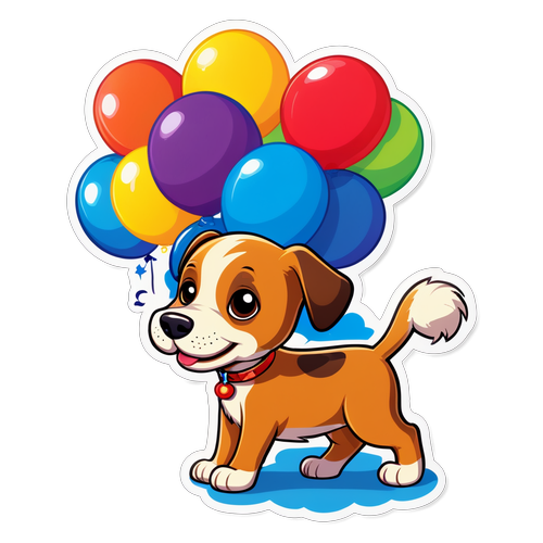 卡通小狗拖著彩色氣球