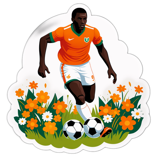 Illustration d'un joueur de football ivoirien dribblant à travers un champ de fleurs