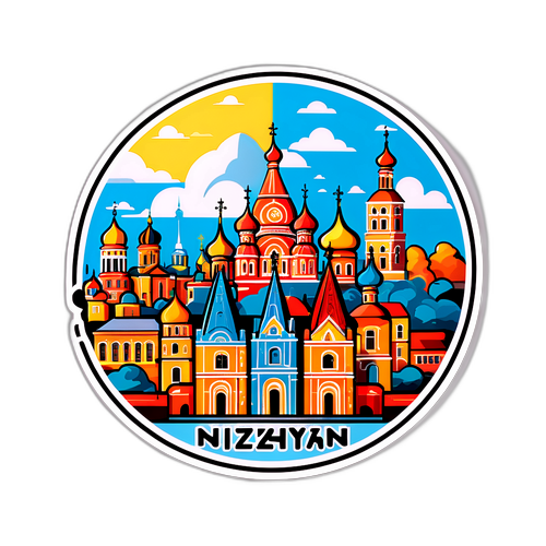 Дизайн наліпки, що поєднує історичні пам'ятки та сучасний стиль Ніжина