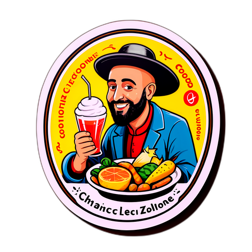Crea un adesivo umoristico di Checco Zalone con cibi e bevande locali mentre è in pellegrinaggio