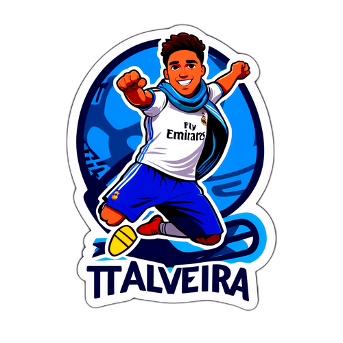 הוא קופץ בהתלהבות, אוחז בצעיף שקורא 'טלאברירה – ריאל מדריד'