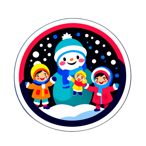 雪の中で遊ぶ家族のステッカー