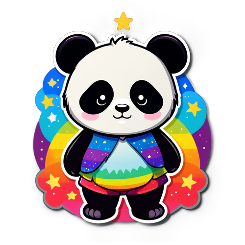 可爱的熊猫贴纸，穿着彩虹衣服，背景是星空