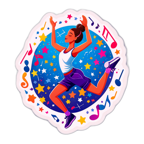 Illustratie van een dansende persoon met sterren en muzieknoten