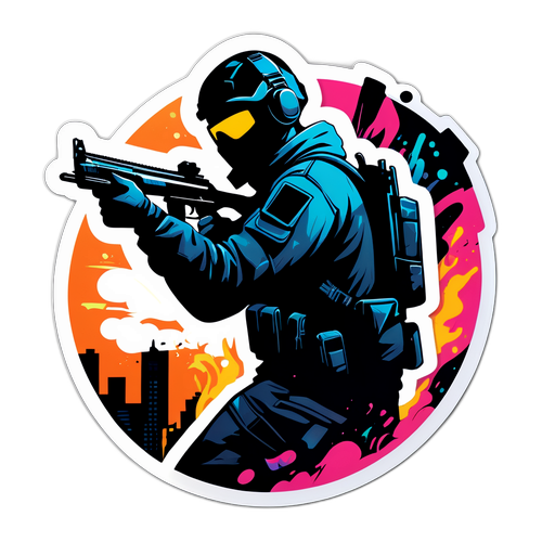 Autocollant de tireur silhouetté dans un décor urbain