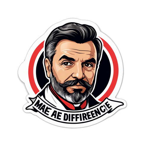 Een sticker van Georges-Louis Bouchez met een uitdagende blik en de tekst 'Make a difference'