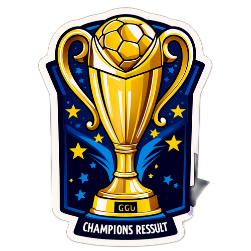 Sticker cúp vàng với chữ 'Kết quả Champions League bóng đá'