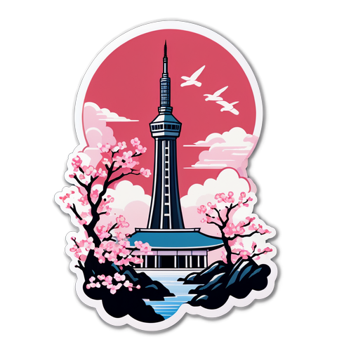 Pemandangan Menara Juche dengan Bunga Sakura