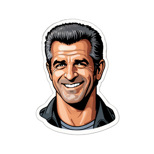 Een cartoonsticker van een lachende Mel Gibson met een Hollywoodachtergrond en de tekst 'Never Back Down'