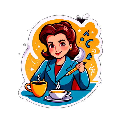 Sticker illustrant Bénédicte Le Chatelier écrivain, avec une tasse de café et des idées volantes autour d'elle.