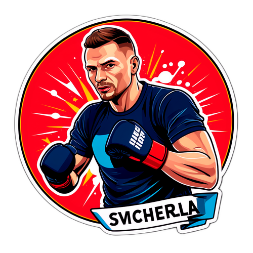Stwórz naklejkę z Michałem Materlą, podkreślając jego sukces po walce, z imponującym tłem.