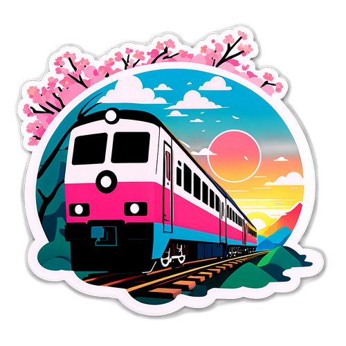 朝日の美しい日本の風景を背景にした列車のイラスト