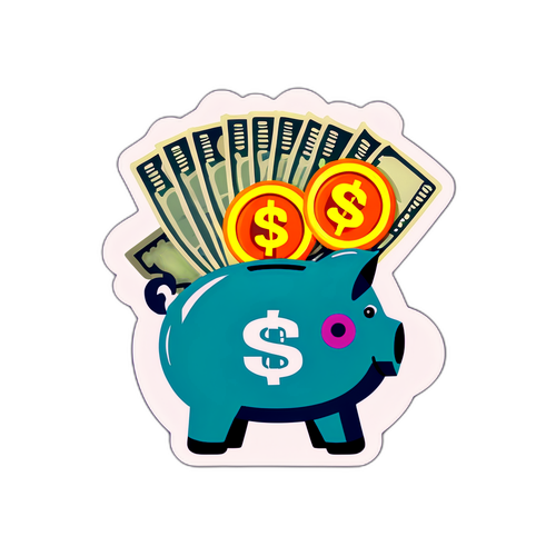 สติกเกอร์ของธนาคารออมทรัพย์ที่มีธนบัตรและเหรียญ