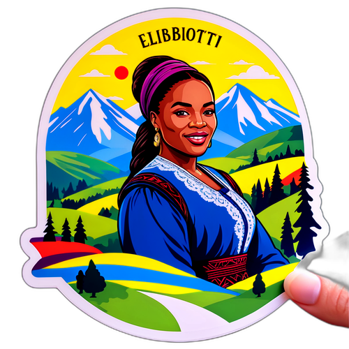 Sticker inspirațional cu peisaje românești și Elizabeth Omoregie