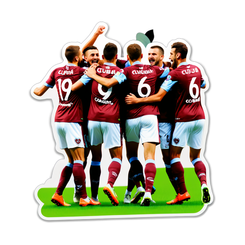 Sticker cu jucătorii CFR Cluj sărbătorind un gol, cu textul "CFR Cluj, campionii inimilor noastre!"