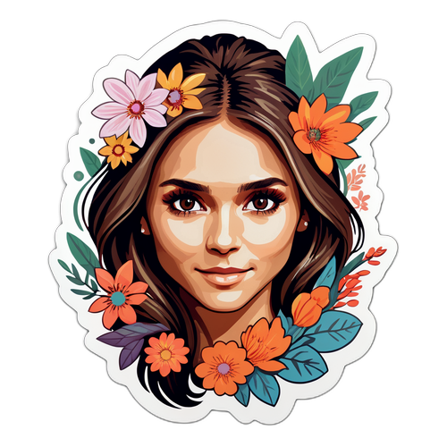 Sticker cu un portret artistic al actriței Nina Dobrev, înconjurat de flori și elemente ale naturii