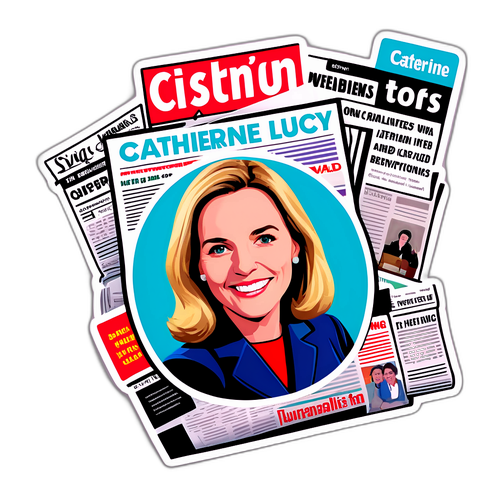 Samolepka s Catherine Lucey a jejími novinářskými úspěchy