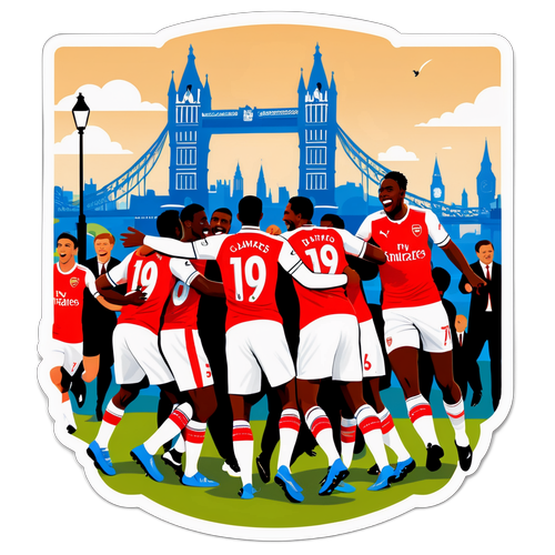 Arsenal játékosok ünneplik a győzelmet a híres londoni látnivalók háttérben