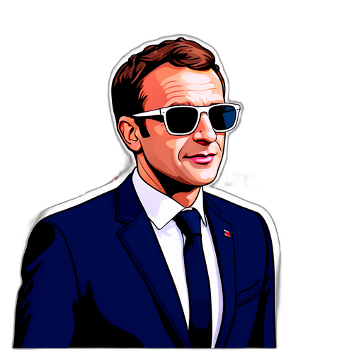 Macron mit Sonnenbrille in einem sonnigen französischen Platz