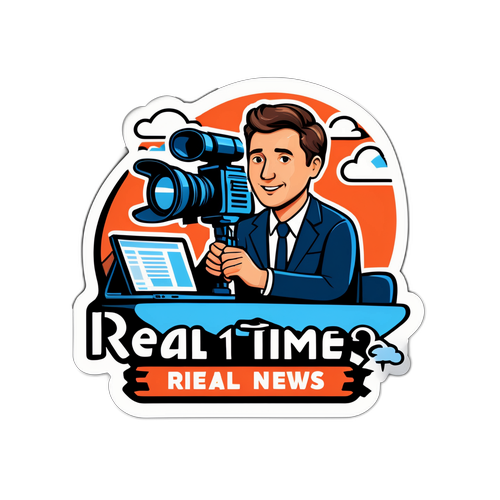 Креативная наклейка с журналистом на работе "Новости в реальном времени"