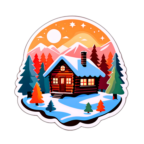 Veselá zimní nálepka s útulnou chatkou
