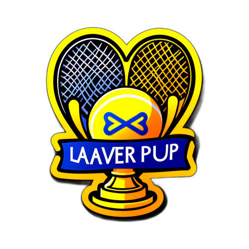 Laver Cup 2025: Nálepka s uměleckou tenisovou sítí a kurtem ve tvaru trofeje oslavující sportovního ducha