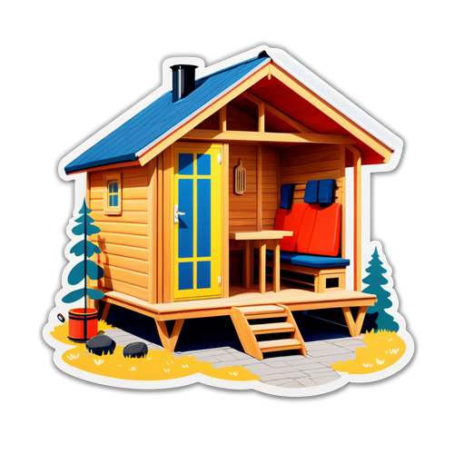 Illustration humoristique de la Suède avec son célèbre mobilier en kit et un sauna traditionnel