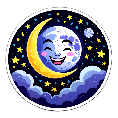 Een sticker van een stralende maan met een glimlach