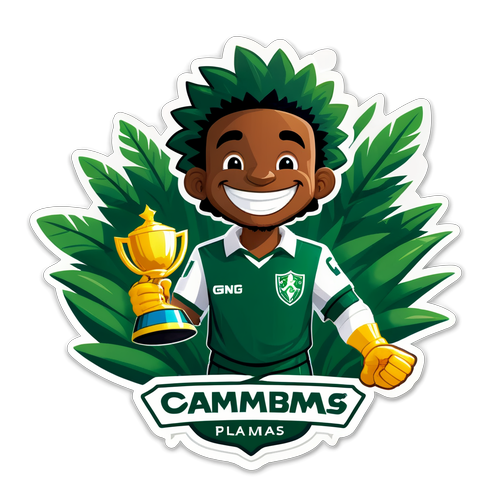 Sticker del mascote de Palmeiras sonriendo, sosteniendo un trofeo de campeón
