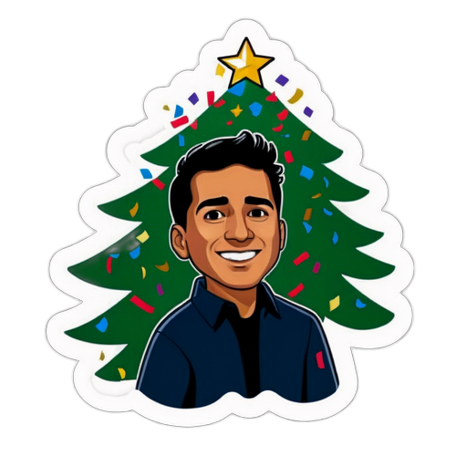 Sticker cu Carlos Alcaraz învingător, cu brad de Crăciun și confetti