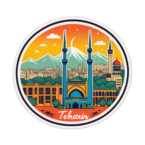 Návrh nálepky s ilustrovaným panoramatem Teheránu