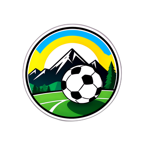 Логотип спортивного футбольного клубу з м'ячем на фоні гірського пейзажу