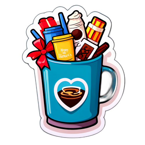 Autocollant pour la fête des pères avec des tasses de café pleines de cadeaux et de souvenirs