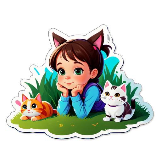 Little Girl and Cats on the Grass Sticker