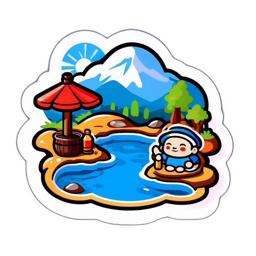 温泉旅行をテーマにしたリラックスしたキャラクターのステッカー