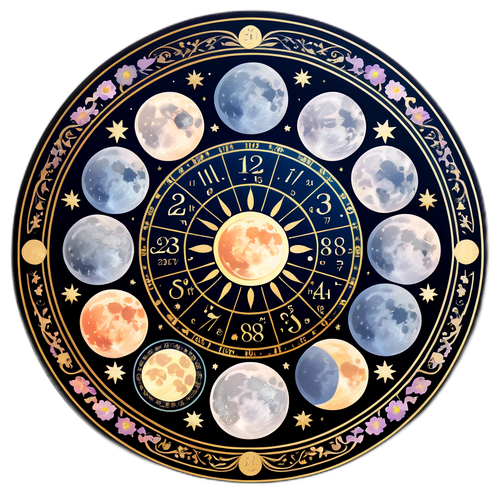 Thiết kế lịch âm trang trí với các giai đoạn mặt trăng và họa tiết hoa văn