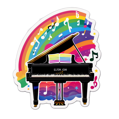 Elton Johns Berømte Piano med Musikknoter og Regnbue