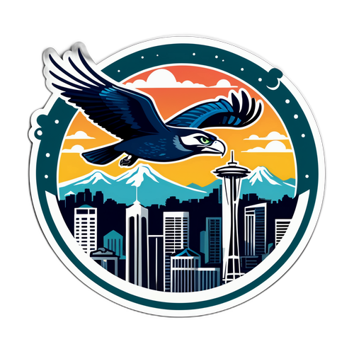 Un autocollant représentant un aigle en plein vol avec Seattle en arrière-plan