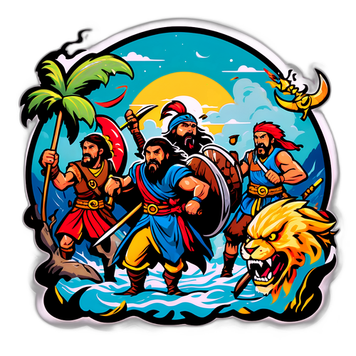 Sticker illustrant une scène épique de 'La Bataille : La Malédiction de l'Île'