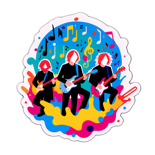 Výstřední ilustrace kapely Radiohead na pódiu