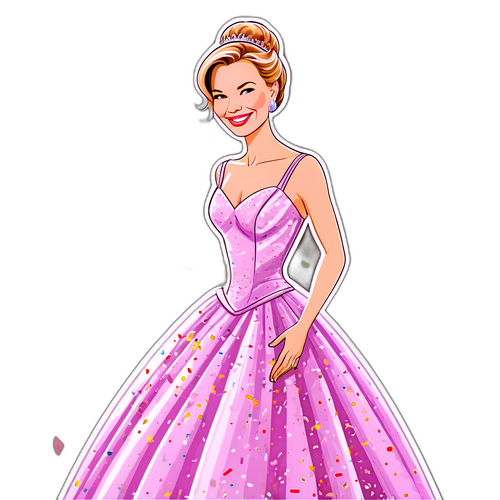 Renee Zellweger en robe de bal, souriante avec des confettis